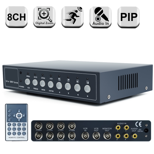8Ch Non-Realtime Color Video Multiplexer Switcher Processor for CCTV Surveillance Cameras, Digital Zoom In/Out, Video Freezing, Video Loss, Motion Det